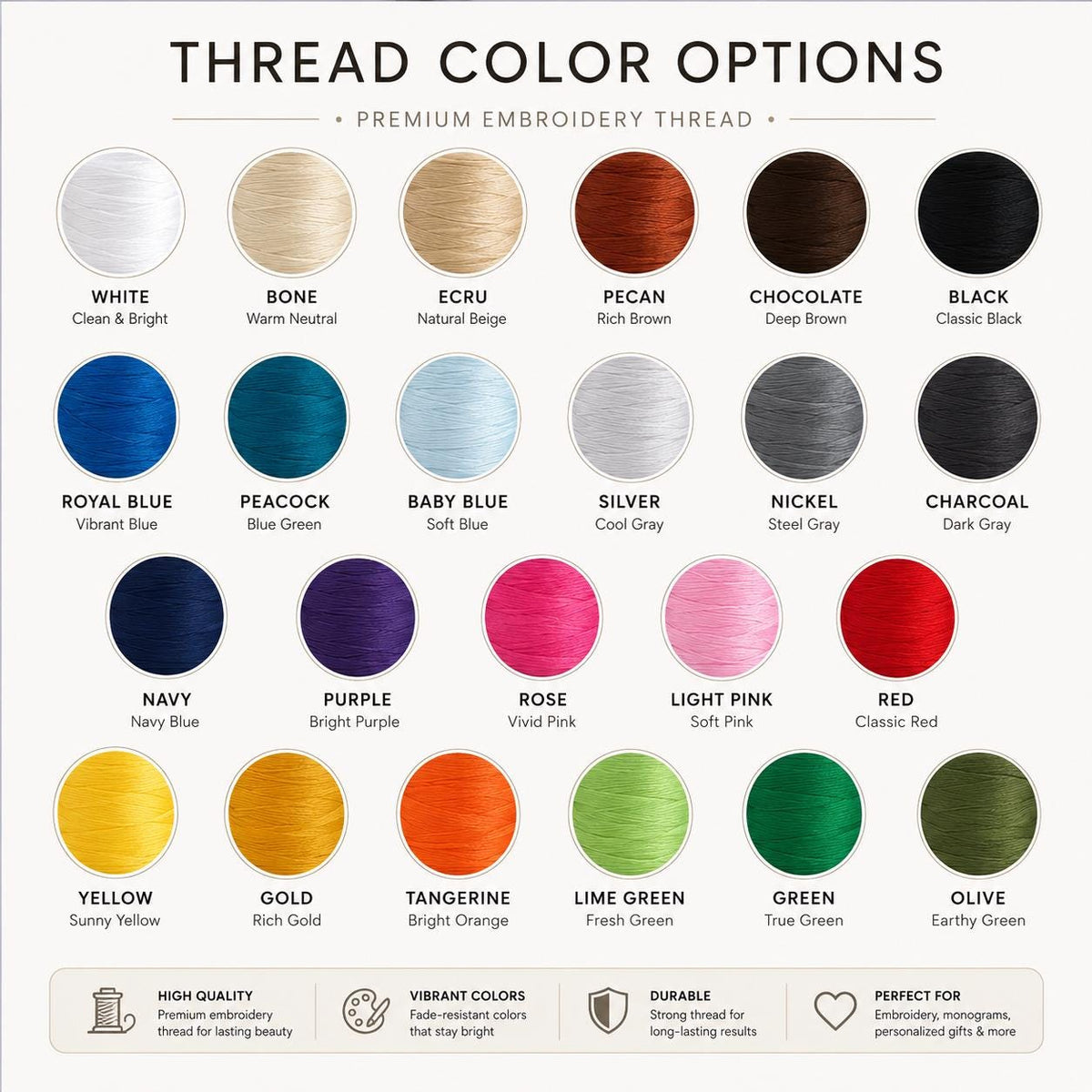 Embroidery thread color chart with two dozen thread shades from white and ecru to navy, rose and olive