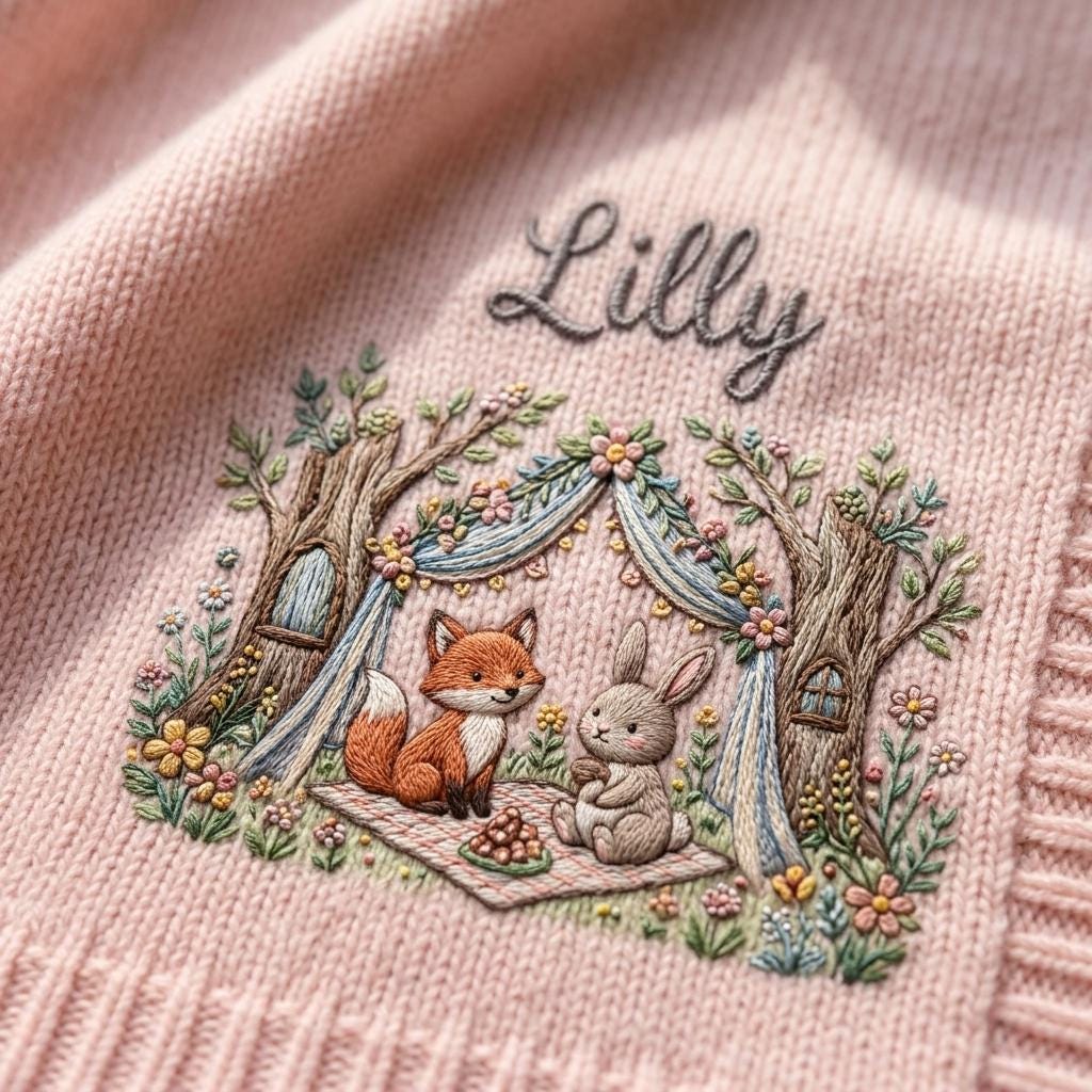 Close-up of an embroidered fox and bunny picnic under flowering trees with a script name on pink knit