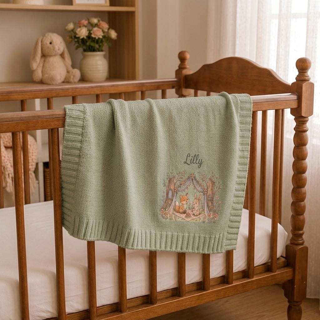 Green knit baby blanket with an embroidered fox and bunny under the trees and a name hanging on a crib