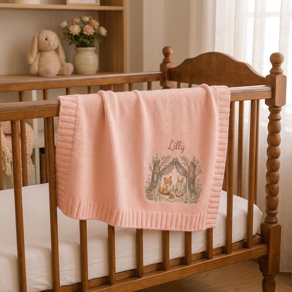 Pink knit baby blanket with a woodland fox and bunny embroidery and a script name draped over a crib rail