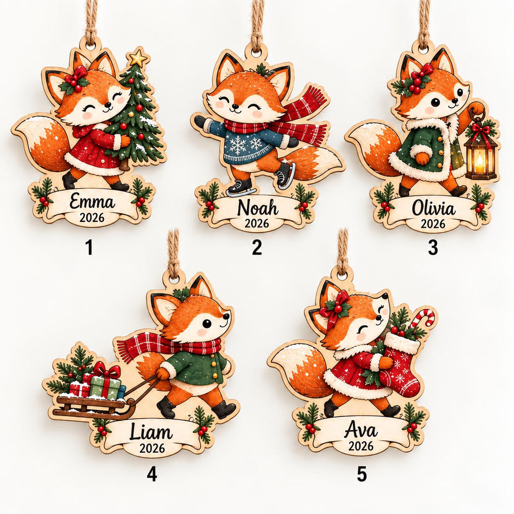 Choose your design chart of five numbered fox Christmas wooden ornaments with names
