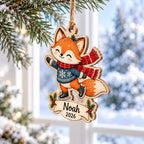 Ice skating fox Christmas wooden ornament with name Noah and year by a snowy window