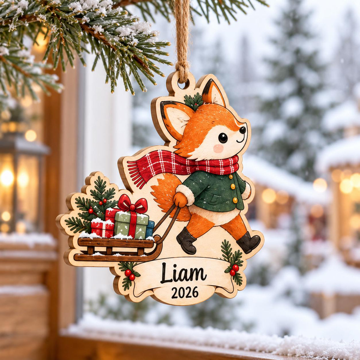 Fox pulling a sled of gifts Christmas wooden ornament with name Liam and year