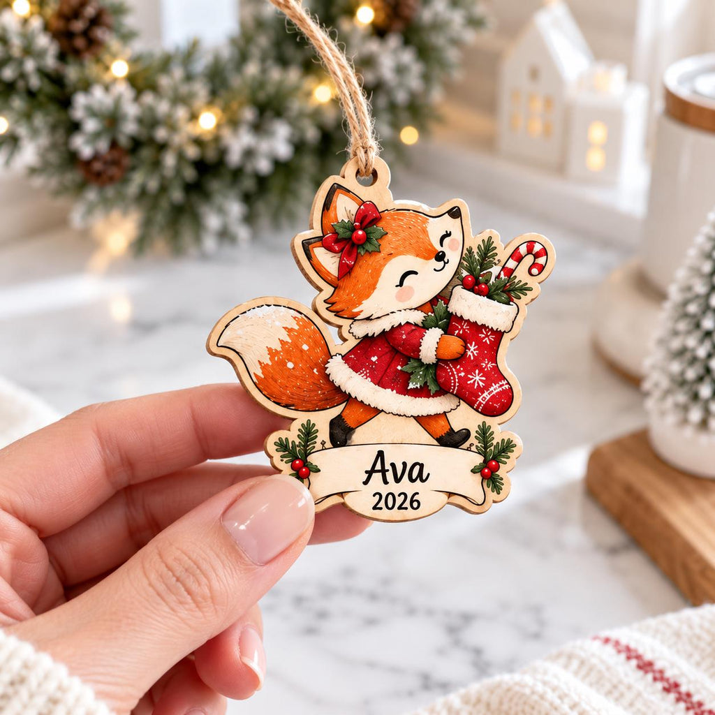 Hand holding a fox with Christmas stocking wooden ornament with name Ava and year