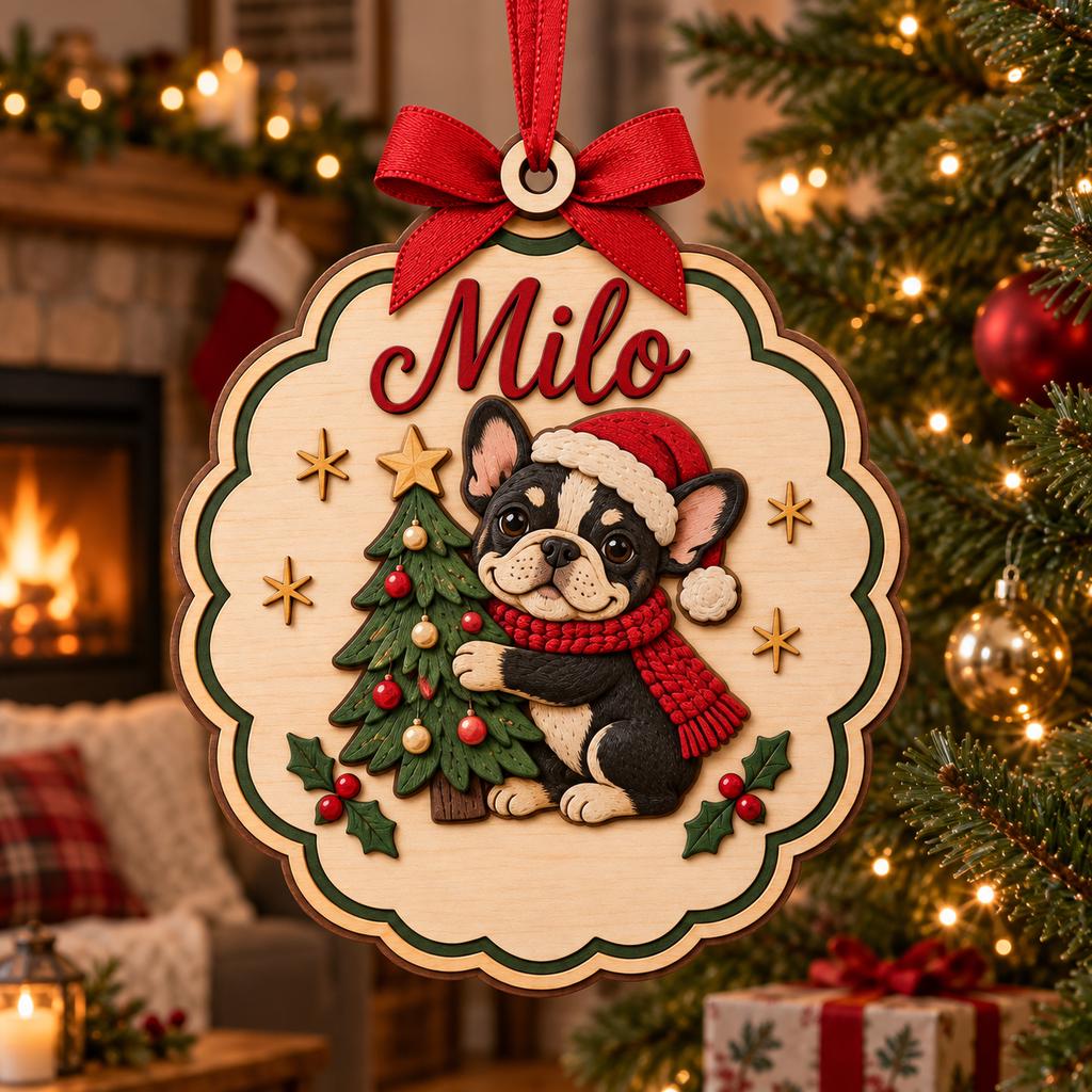 Personalized French Bulldog hugging a Christmas tree wooden ornament with dog name