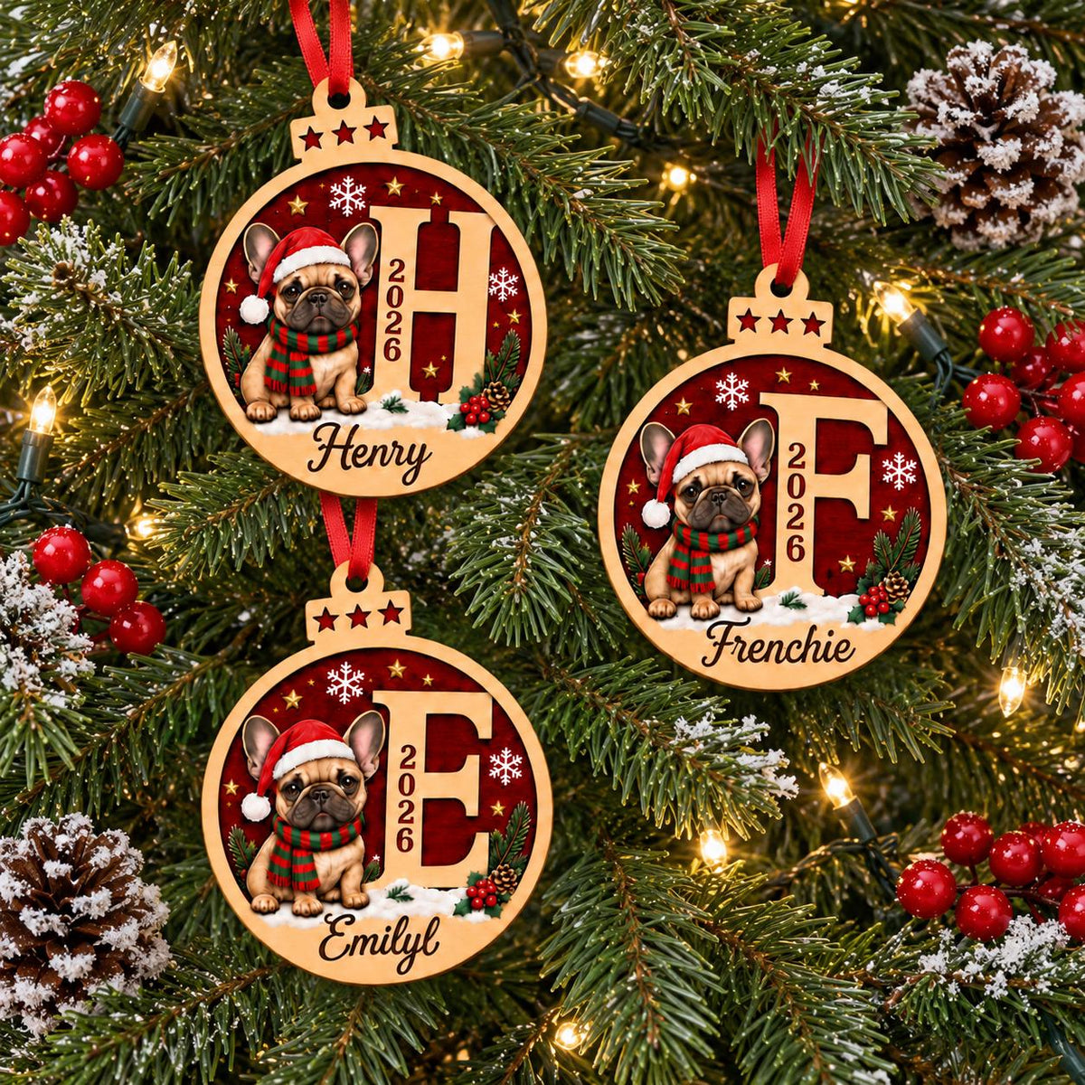 Personalized French Bulldog initial ornaments hanging on a Christmas tree with berries