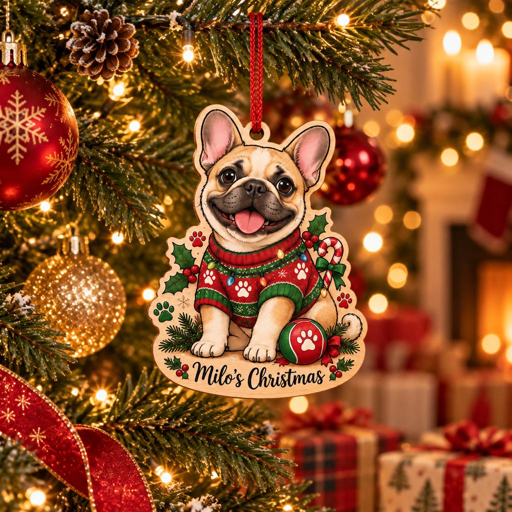 Personalized French Bulldog Christmas sweater ornament with dog name hanging on a tree