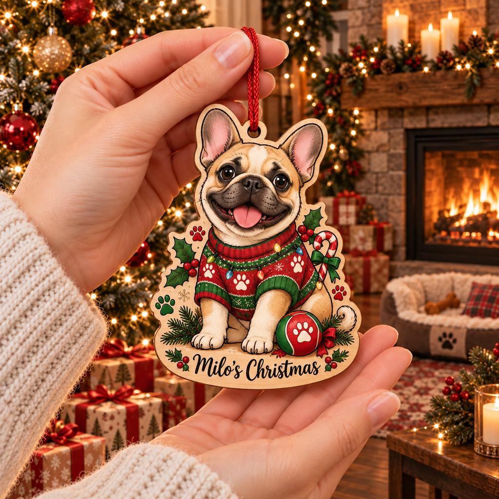 Hand holding a custom French Bulldog sweater ornament by a cozy fireplace