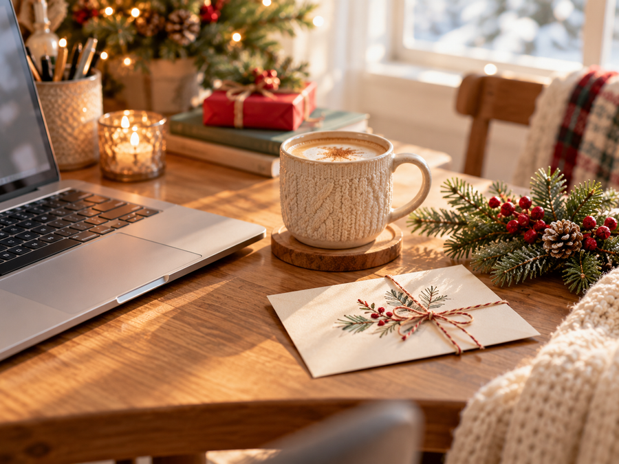 Cozy desk with a laptop, coffee and a handwritten thank-you card for customer support