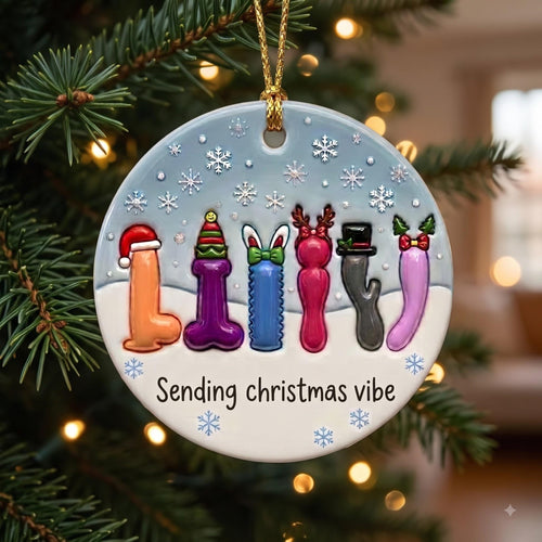 Adult humor Christmas ornament hanging on a pine branch with lights