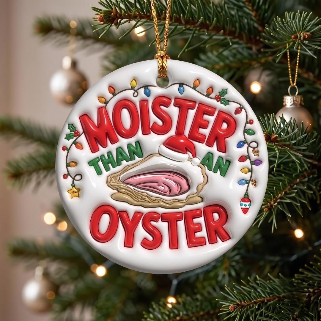 Funny adult ceramic ornament beside silver baubles