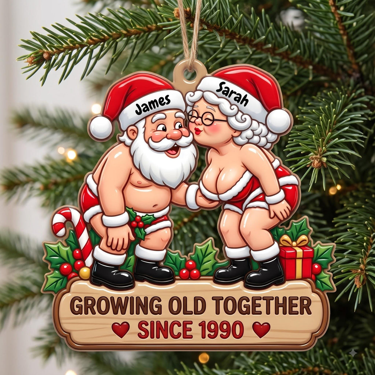 Funny growing old together Santa couple ornament personalized with James and Sarah