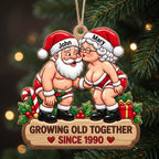 Funny Santa couple ornament with the names John and Mary hanging on a dark green tree