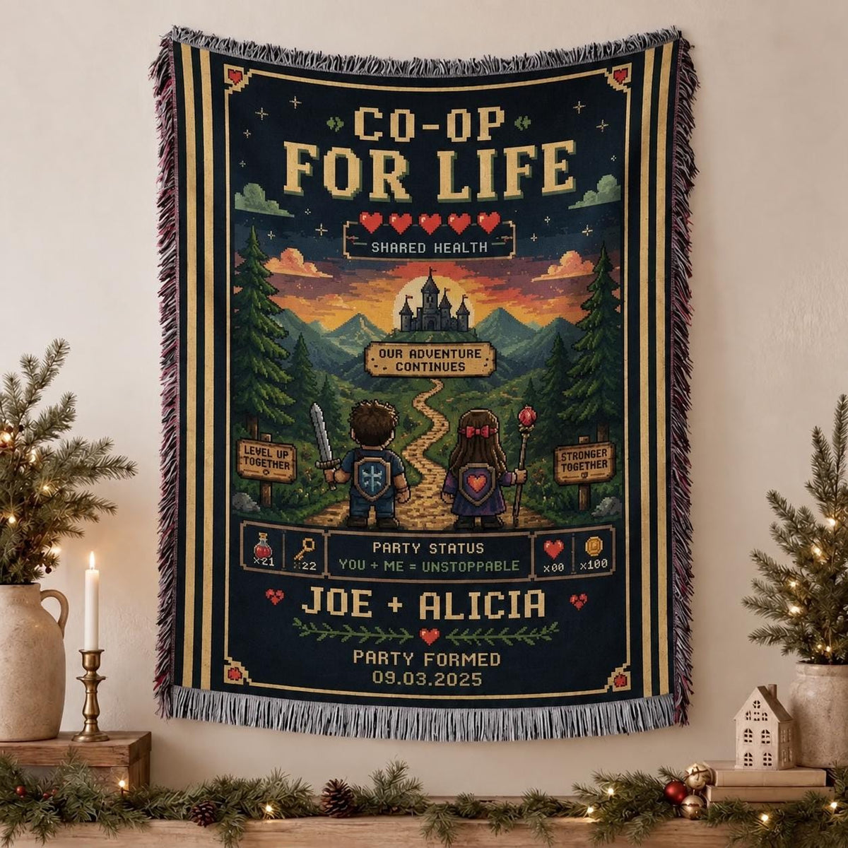 Co-op For Life pixel art woven blanket with Joe + Alicia names and Party Formed date