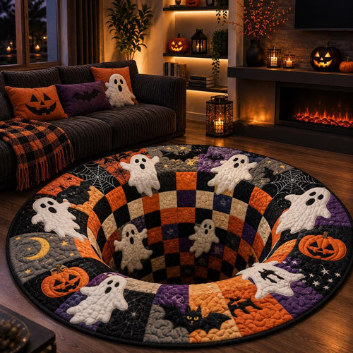 Ghost patchwork tunnel rug in a dim living room with a dark sofa, buffalo check throw and glowing fireplace