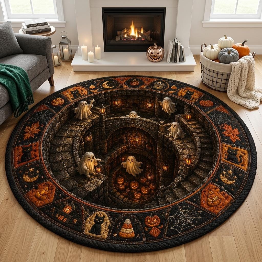 Haunted well ghost rug in a light living room with a white fireplace, candles and a basket of pumpkins