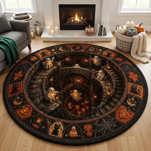 Haunted well ghost rug in a light living room with a white fireplace, candles and a basket of pumpkins
