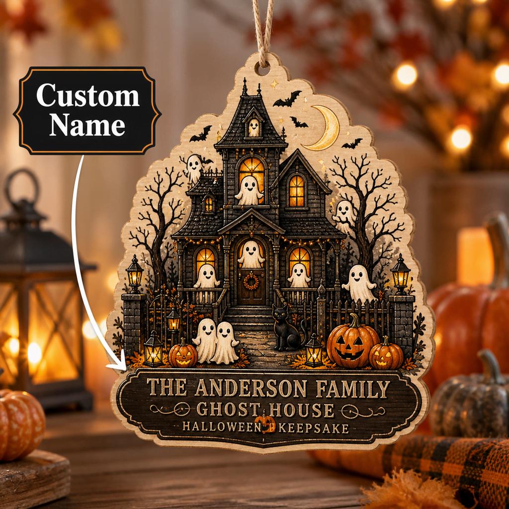 Personalized ghost house wooden ornament with family name, cute ghosts and pumpkins