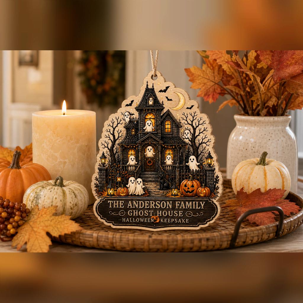 Ghost house family name wooden ornament on a tray with candle and white pumpkins