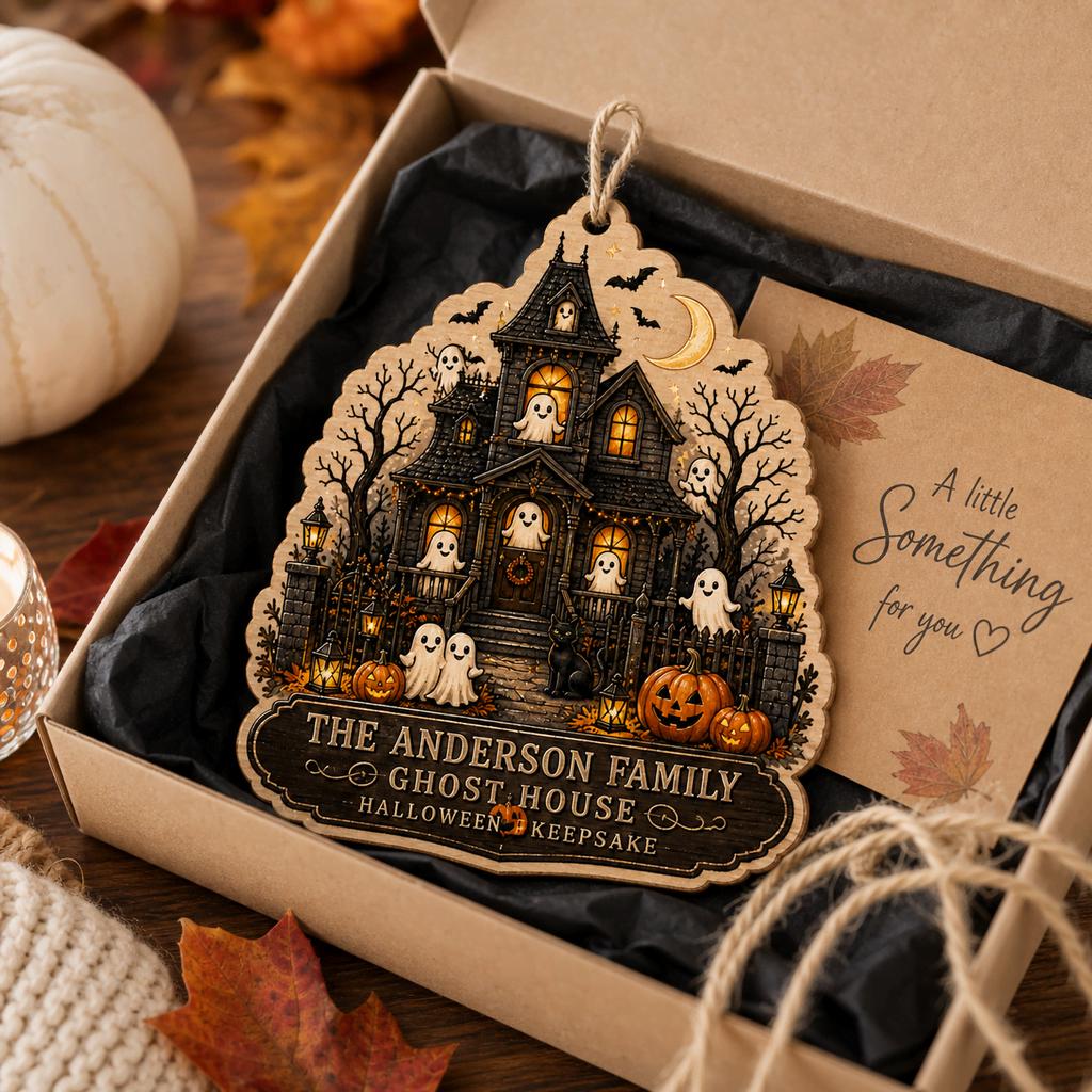 Personalized ghost house Halloween keepsake ornament in a gift box with a card