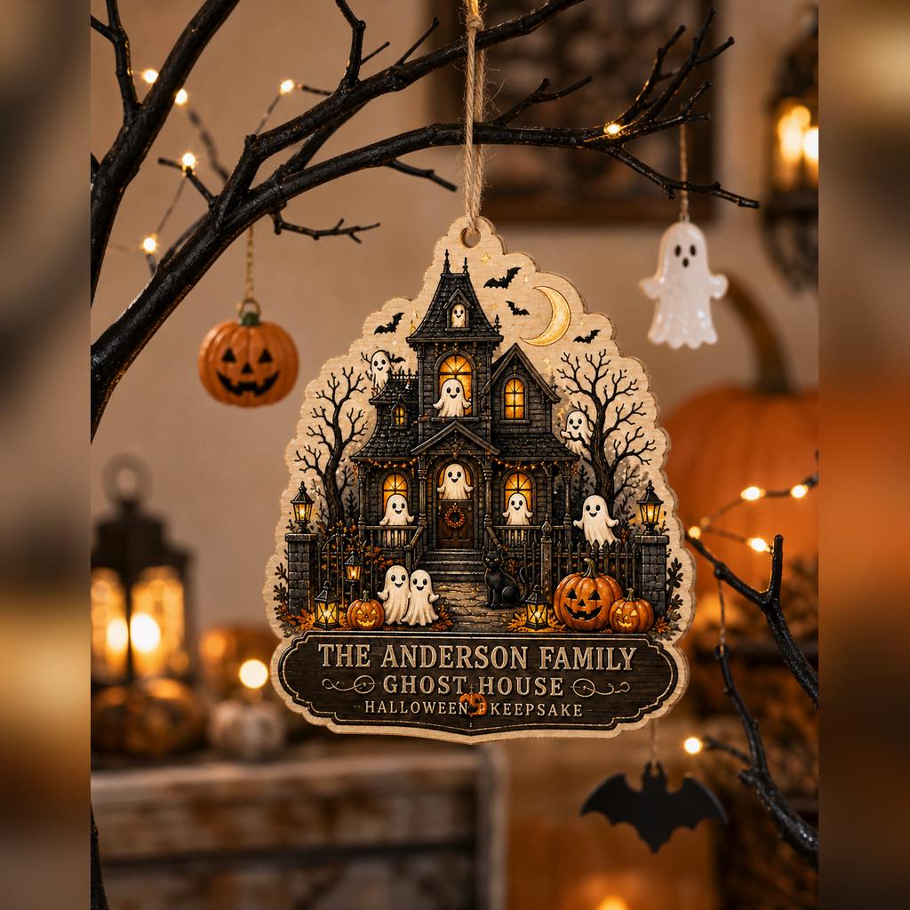 Ghost house family name Halloween ornament hanging on a branch with ghost decorations