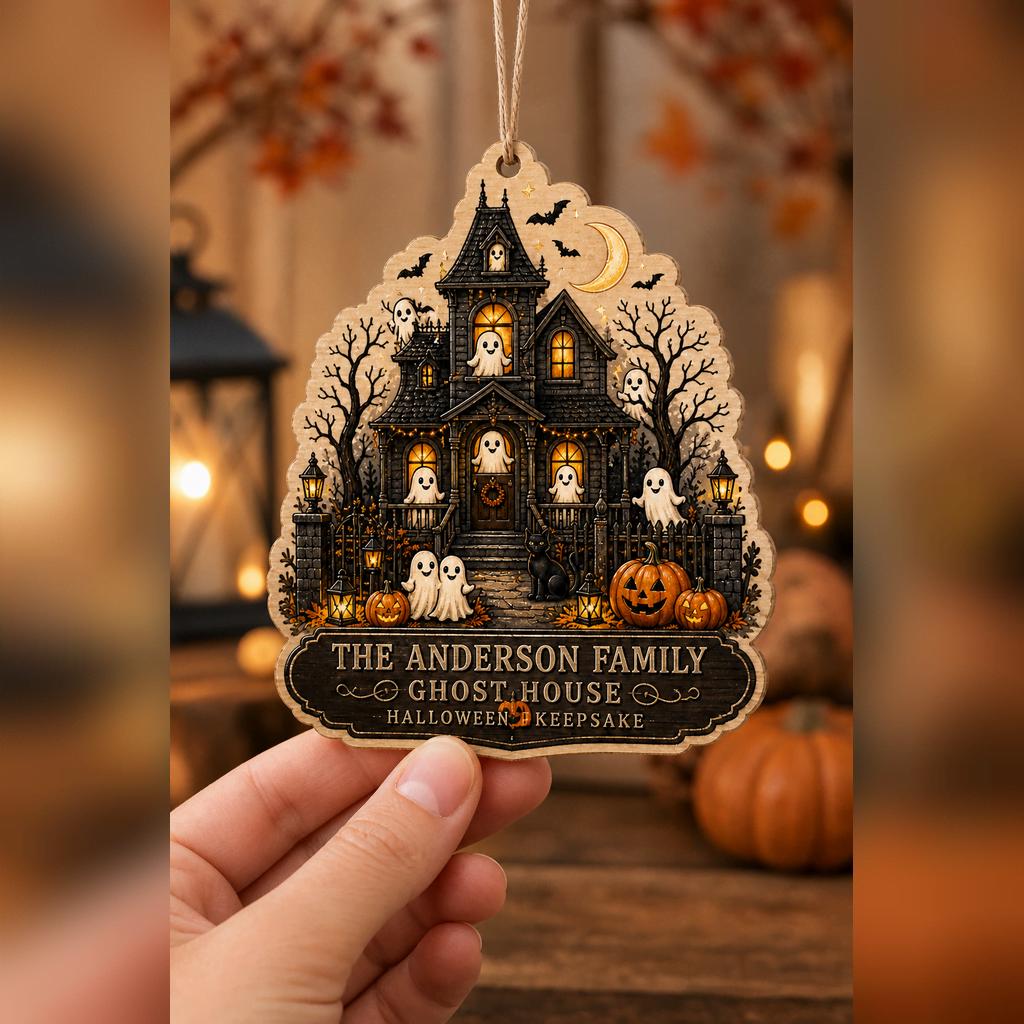 Hand holding the ghost house Halloween keepsake wooden ornament in an autumn room