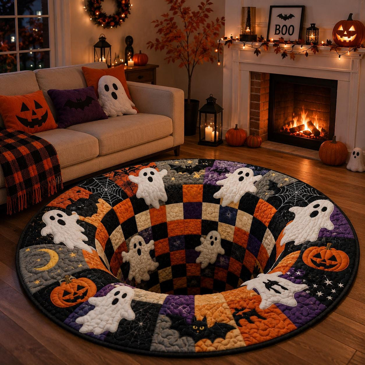 Halloween ghost tunnel rug before a cream sofa and lit fireplace with a Boo sign and jack-o'-lanterns