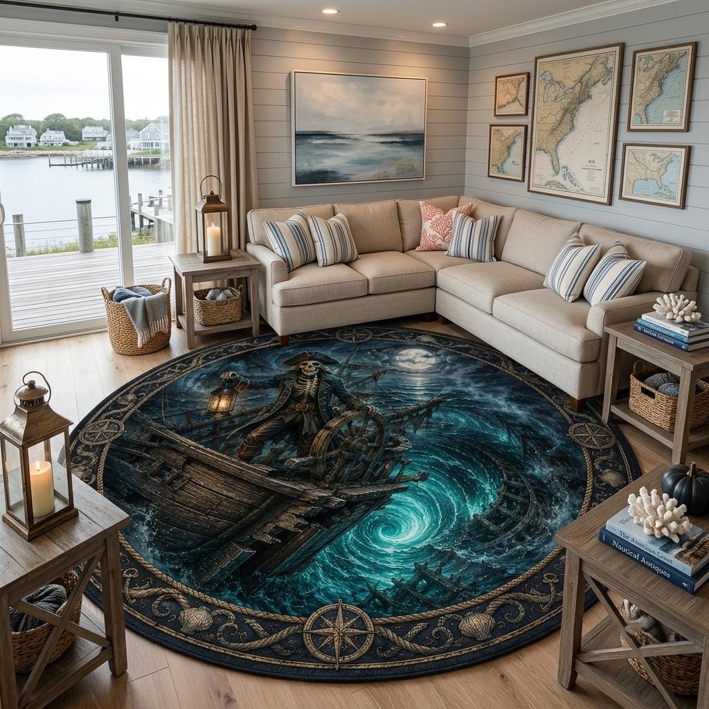 Ghost ship pirate rug in a coastal living room with a sectional sofa, nautical maps and a harbor view