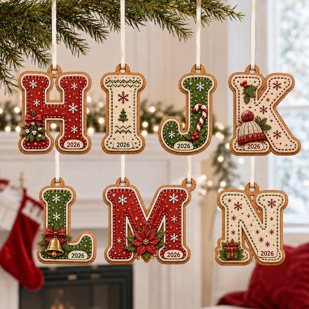 Gingerbread letter ornaments H to N in red, cream and green with 2026