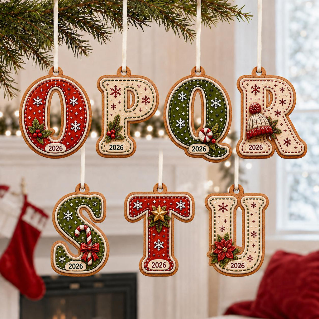 Gingerbread alphabet 2-layer wooden ornaments O to U hanging in a Christmas living room