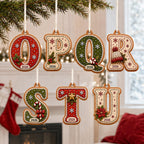 Gingerbread alphabet 2-layer wooden ornaments O to U hanging in a Christmas living room