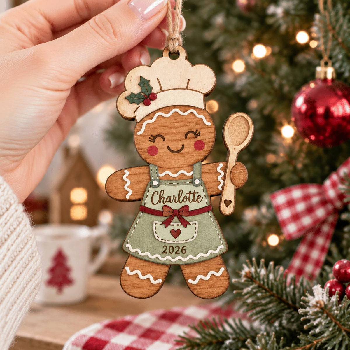 Gingerbread baker girl wooden ornament named Charlotte held near a Christmas tree