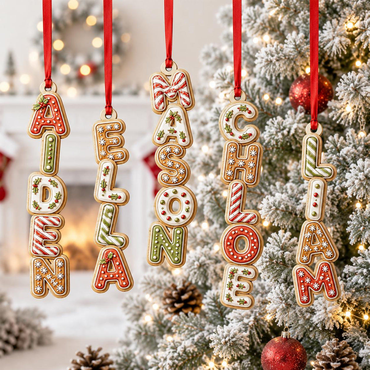 Gingerbread candy letter wooden name ornaments hanging in front of a fireplace