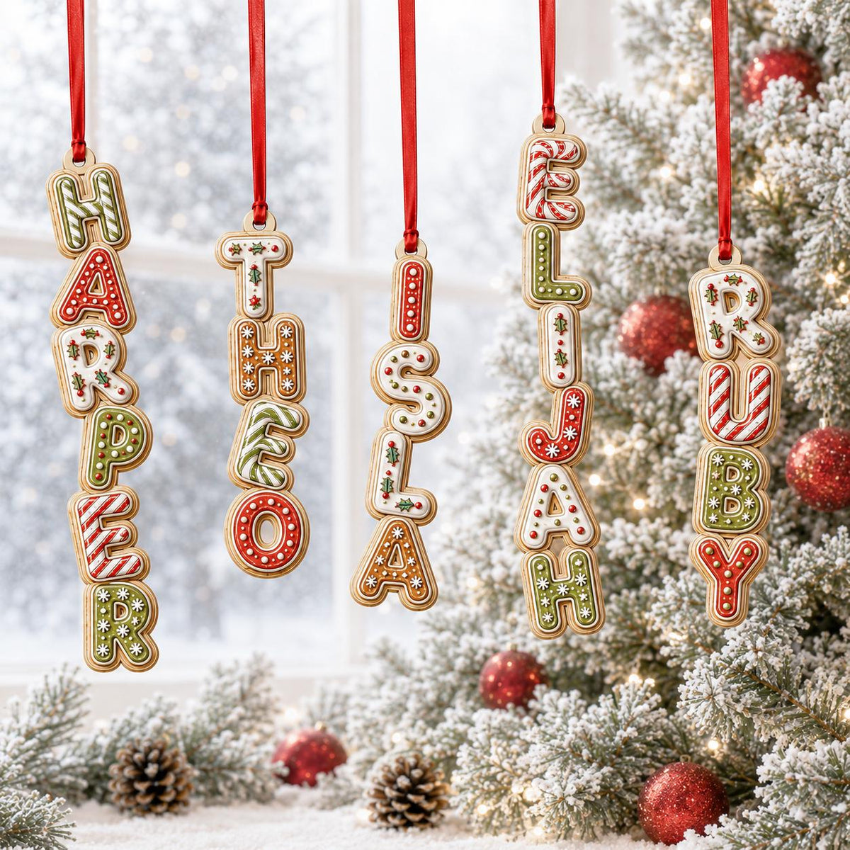Vertical gingerbread letter name ornaments with red ribbons by a snowy window