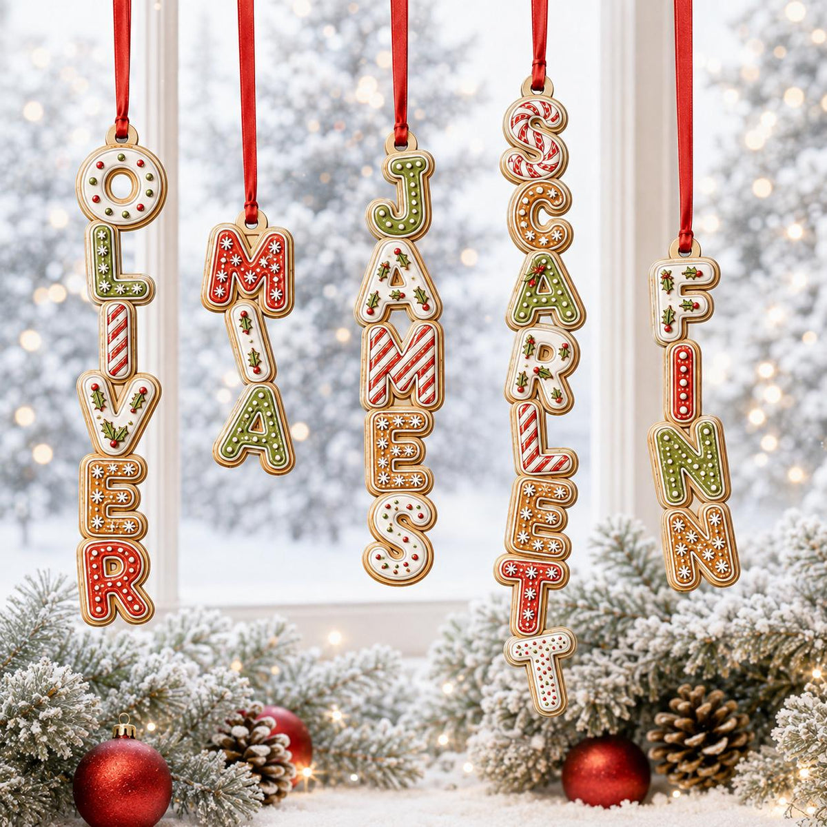 Kids name stocking stuffer ornaments in gingerbread candy letters on a Christmas tree