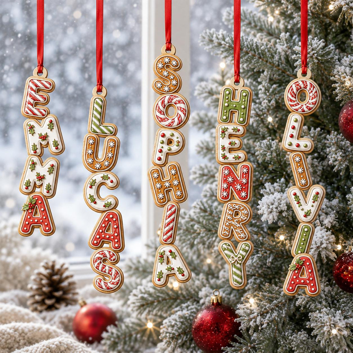 Personalized gingerbread candy letter name ornaments hanging on a snowy tree