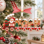 Gingerbread Christmas train ornament spelling Noah with Santa and 2026