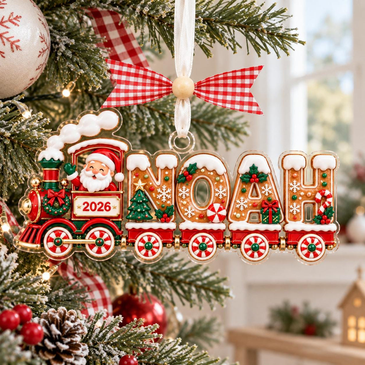 Gingerbread Christmas train ornament spelling Noah with Santa and 2026