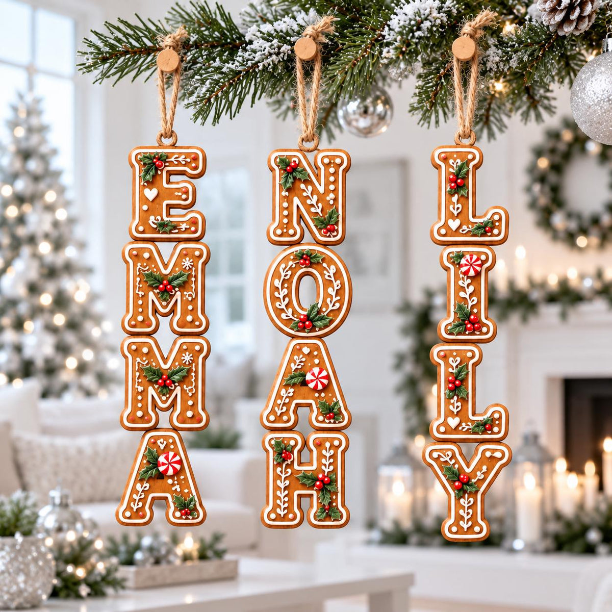 Three vertical gingerbread name ornaments hanging from a Christmas garland in a cozy room