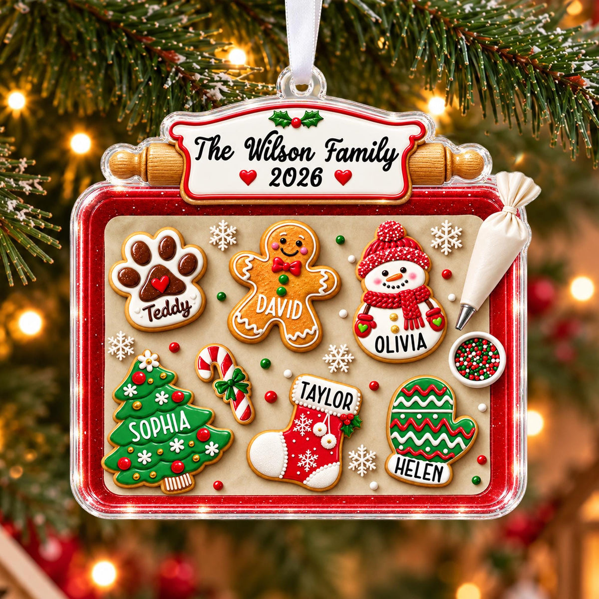 Personalized cookie tray family ornament with The Wilson Family 2026 and named cookies