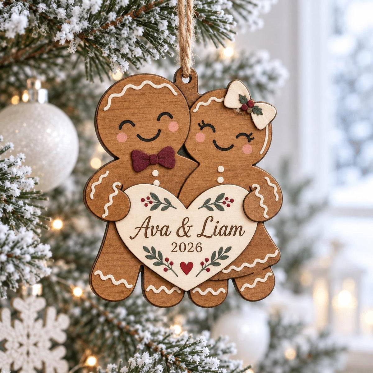 Personalized gingerbread couple ornament holding a heart with names and year on tree