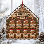 Personalized gingerbread family ornament with eight names and 2026 against a frosty window