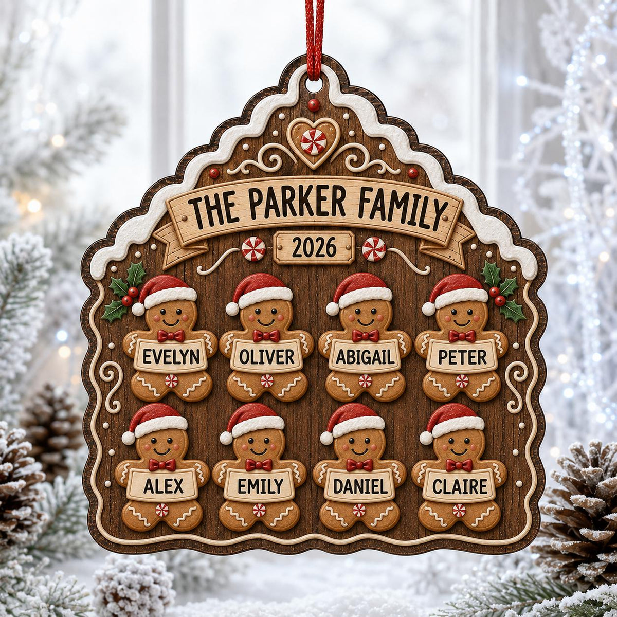 Personalized gingerbread family ornament with eight names and 2026 against a frosty window