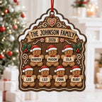 Gingerbread family wooden ornament with seven names in a white Christmas living room