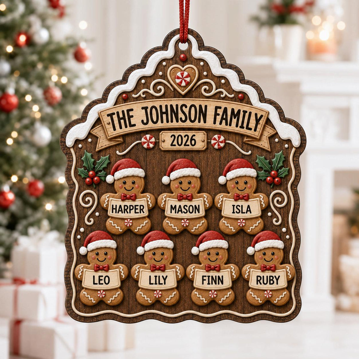 Gingerbread family wooden ornament with seven names in a white Christmas living room