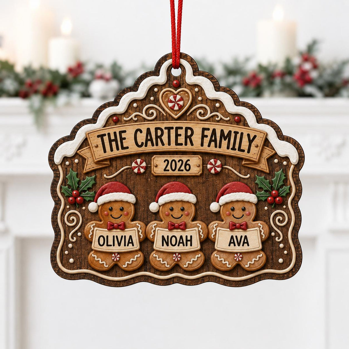 Personalized gingerbread family ornament with three names hanging by a white mantel