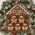 Personalized gingerbread family ornament with five names and year on a holiday wreath