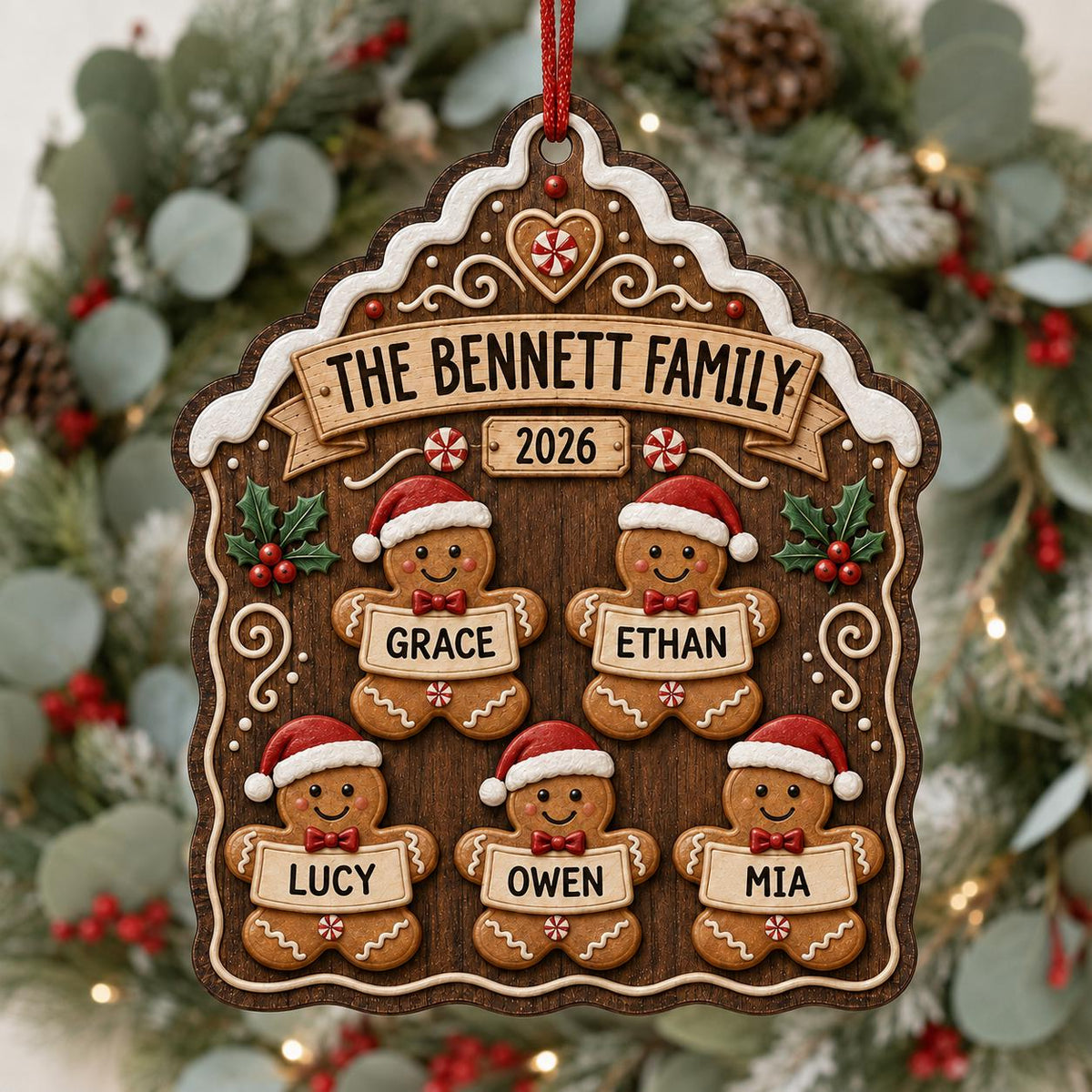 Personalized gingerbread family ornament with five names and year on a holiday wreath