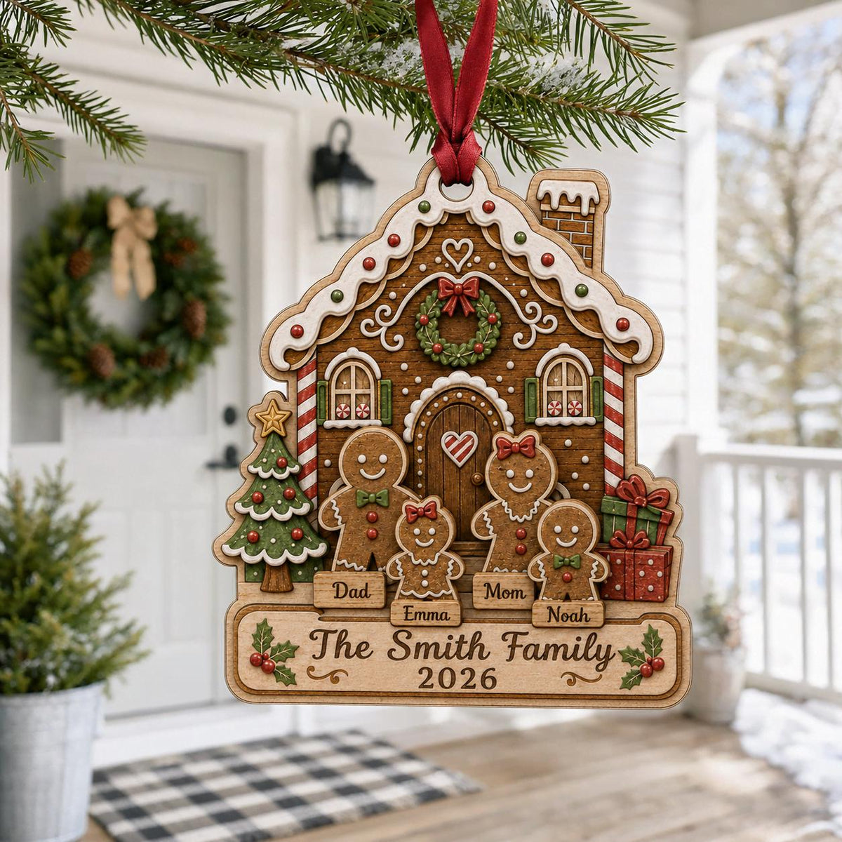 Personalized gingerbread family ornament with family name and 2026 by front door