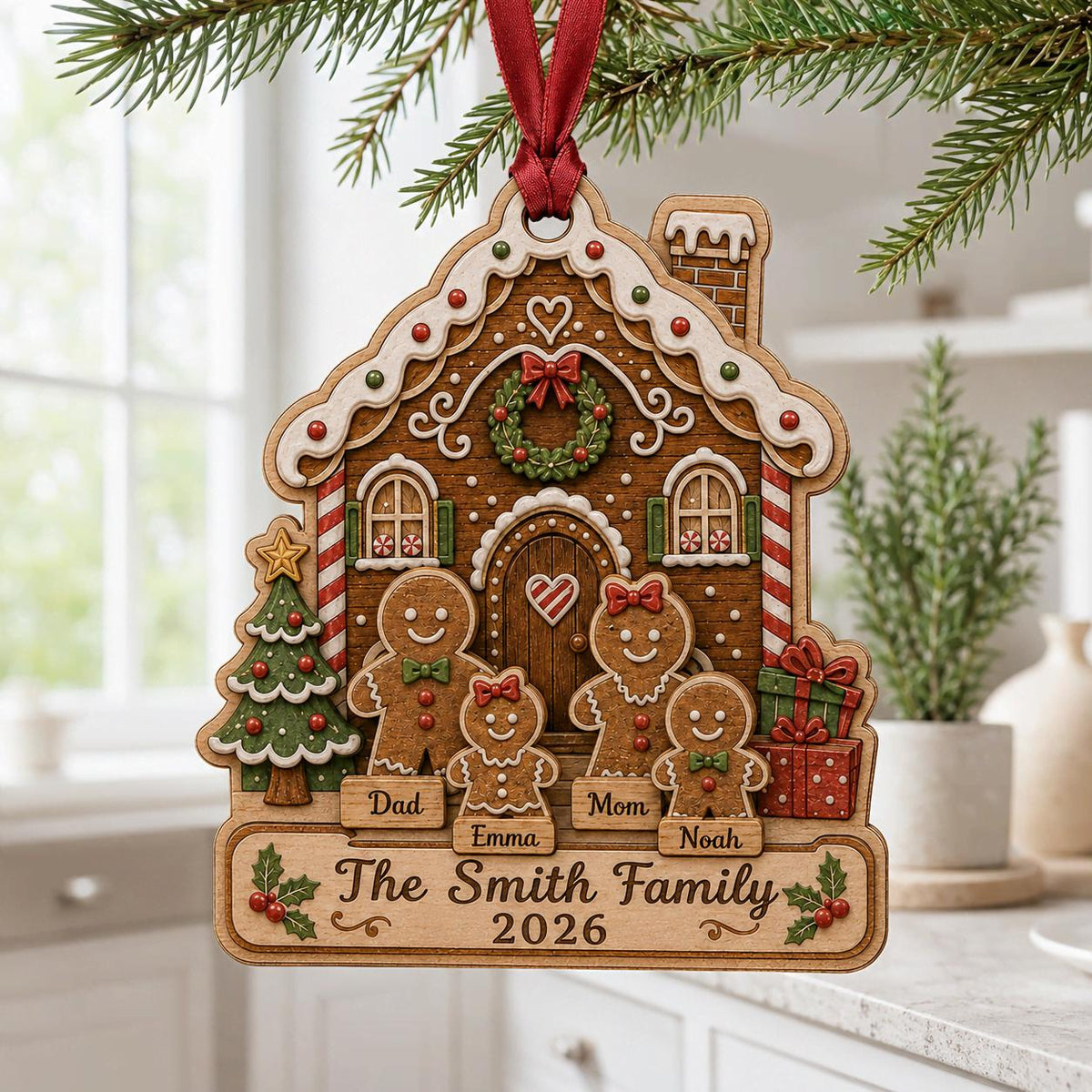 Gingerbread family house wooden ornament with custom names in a bright kitchen